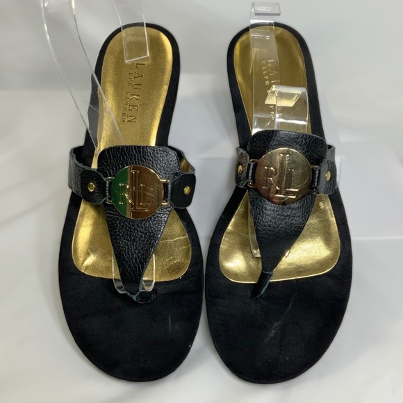 Ralph Lauren LRL Kalana Leather  Sandals Size 10B in black and gold - Picture 1 of 9